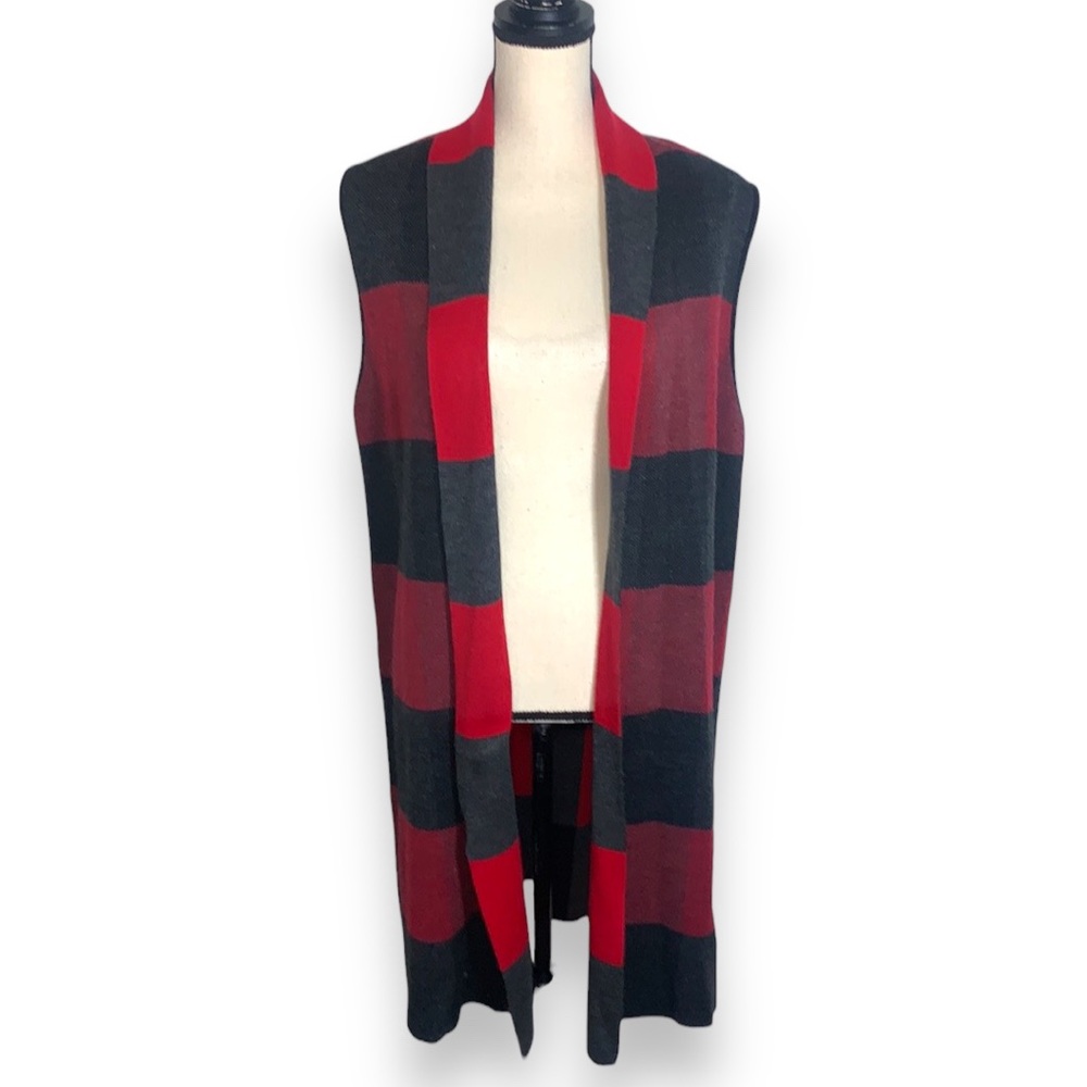 Leo & Nicole Red Black Buffalo Plaid Sleeveless Cardigan Vest Longline XL